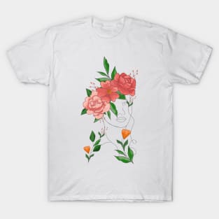 woman face and flowers, botanical art, minimal art, line art T-Shirt